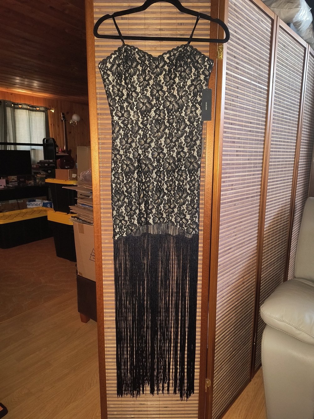 Lulu's Black Lace Fringe Strapless Mini Dress